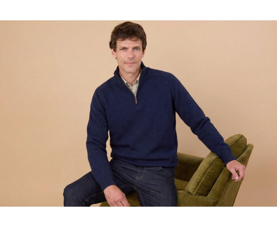 Pull col zippé homme laine Navy - KENNETH