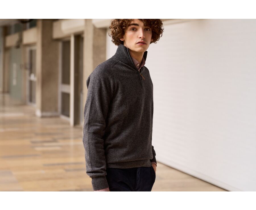 Pull homme laine col zippé Gris Anthracite Chiné - KENNETH