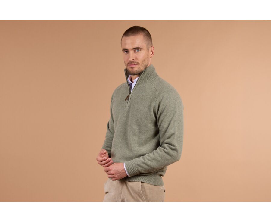 Pull homme col zippé kaki clair chiné en laine d'agneau - KENNETH