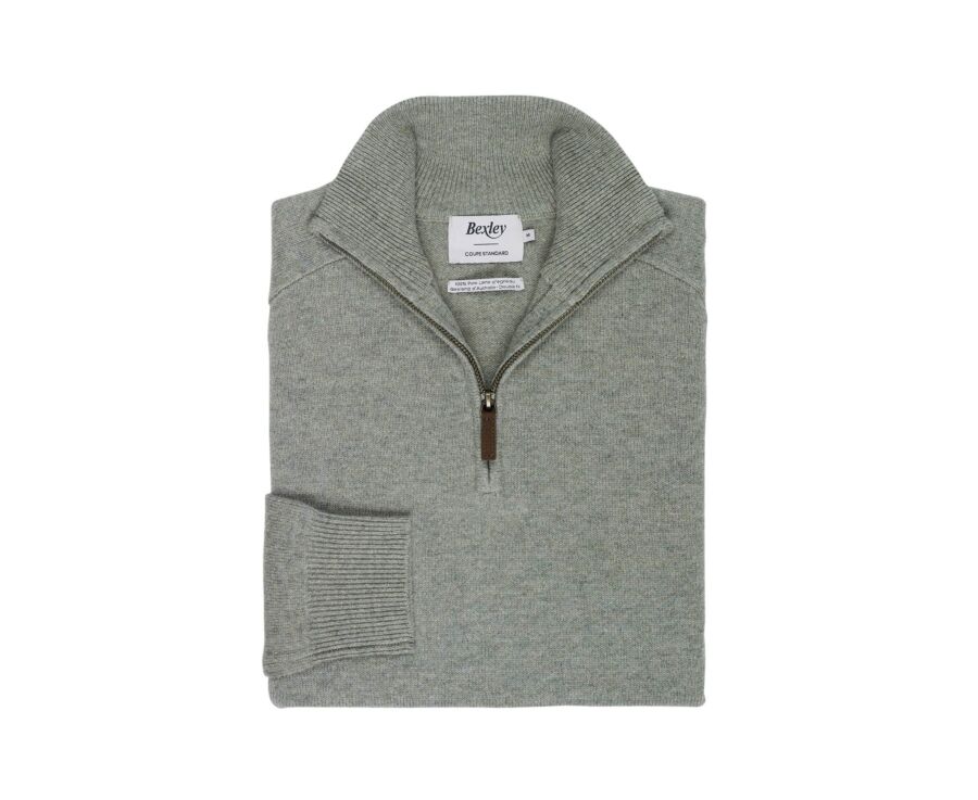 Pull homme col zippé kaki clair chiné en laine d'agneau - KENNETH