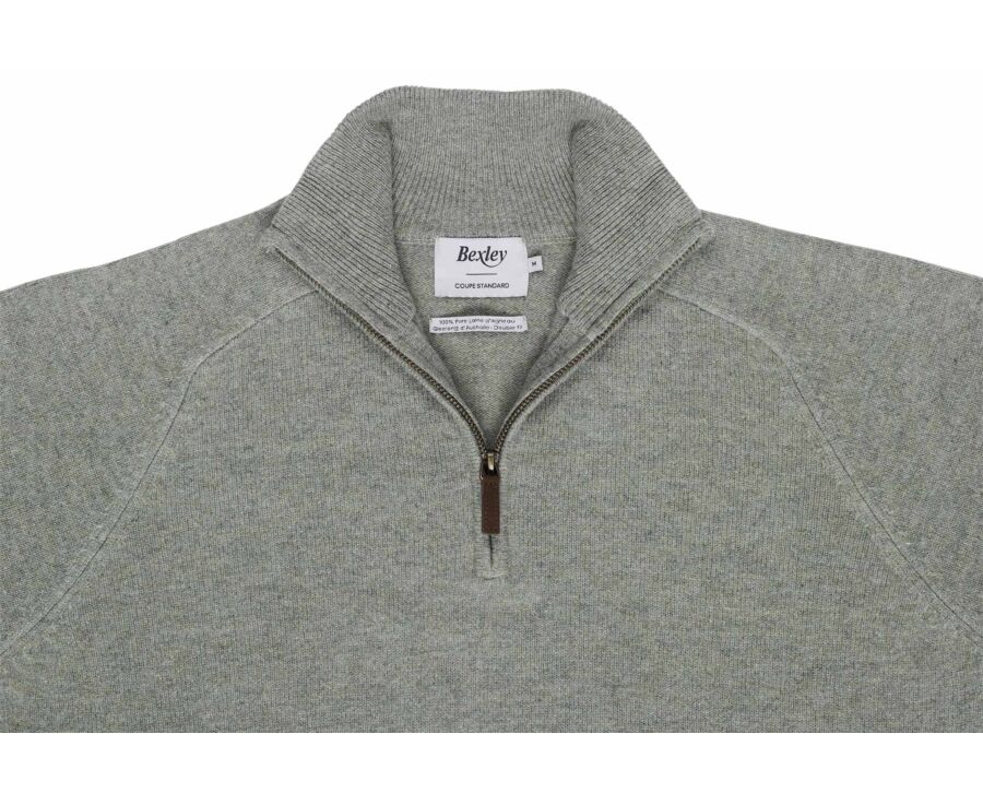 Pull homme col zippé kaki clair chiné en laine d'agneau - KENNETH