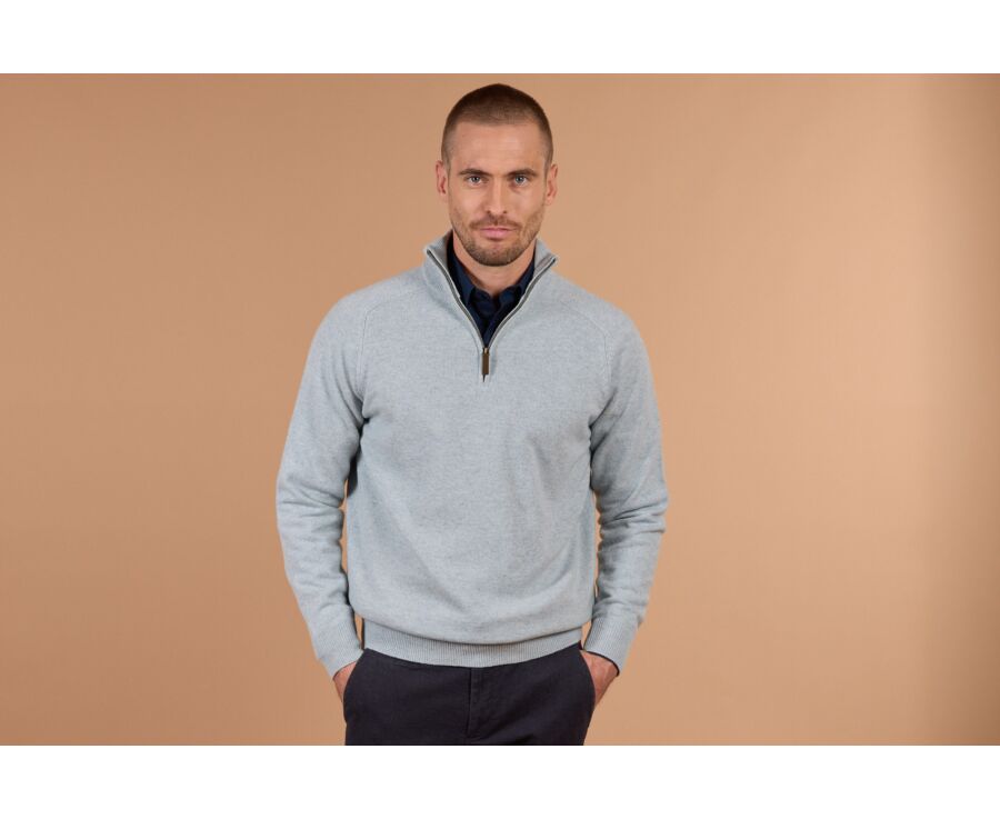 Pull homme col zippé bleu glacial chiné en laine d'agneau - KENNETH