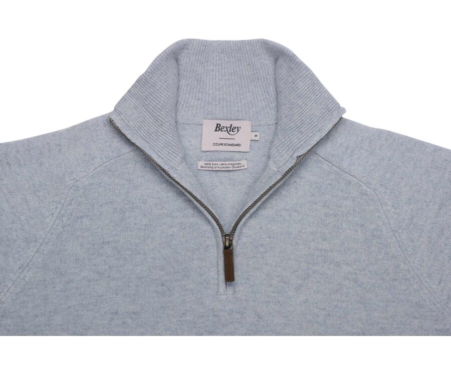 Pull homme col zippé bleu glacial chiné en laine d'agneau - KENNETH