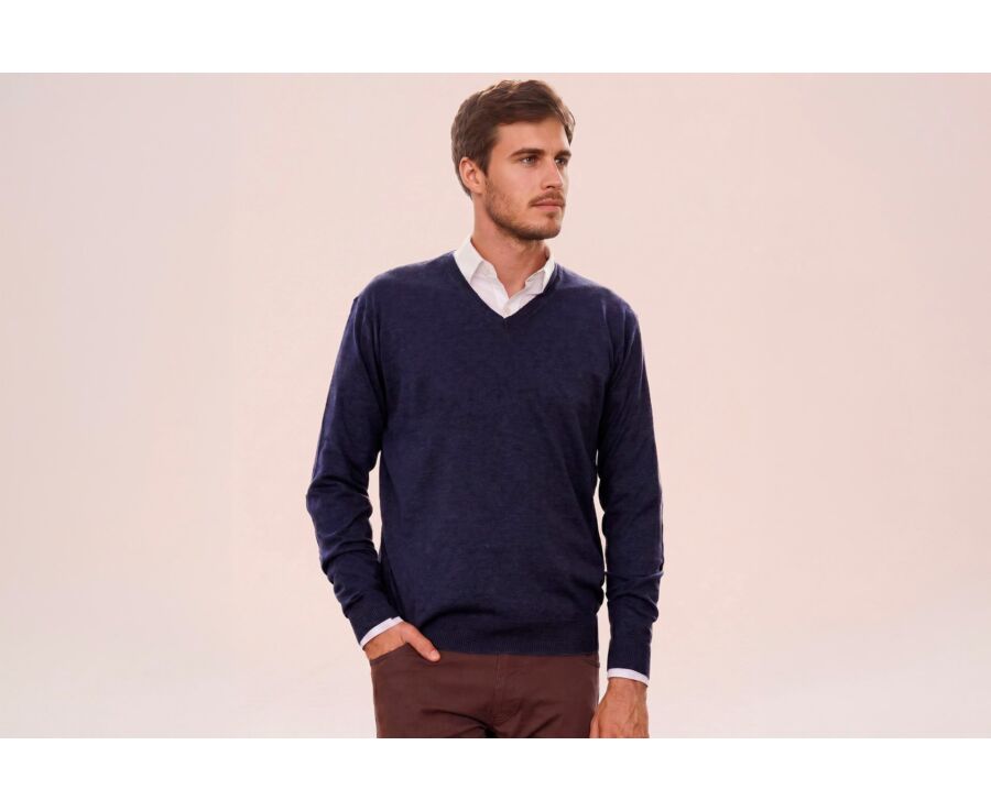 Pull fin coton bio/cachemire col V Navy - VADIM