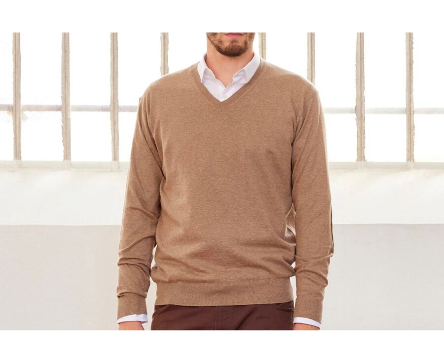 Pull fin homme coton bio/cachemire col V Taupe Chiné - VADIM