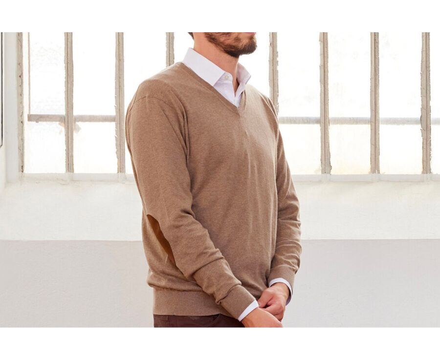 Pull fin homme coton bio/cachemire col V Taupe Chiné - VADIM
