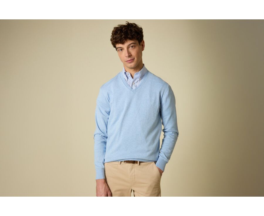Pull fin coton bio/cachemire col V Bleu Ciel Chiné - VADIM