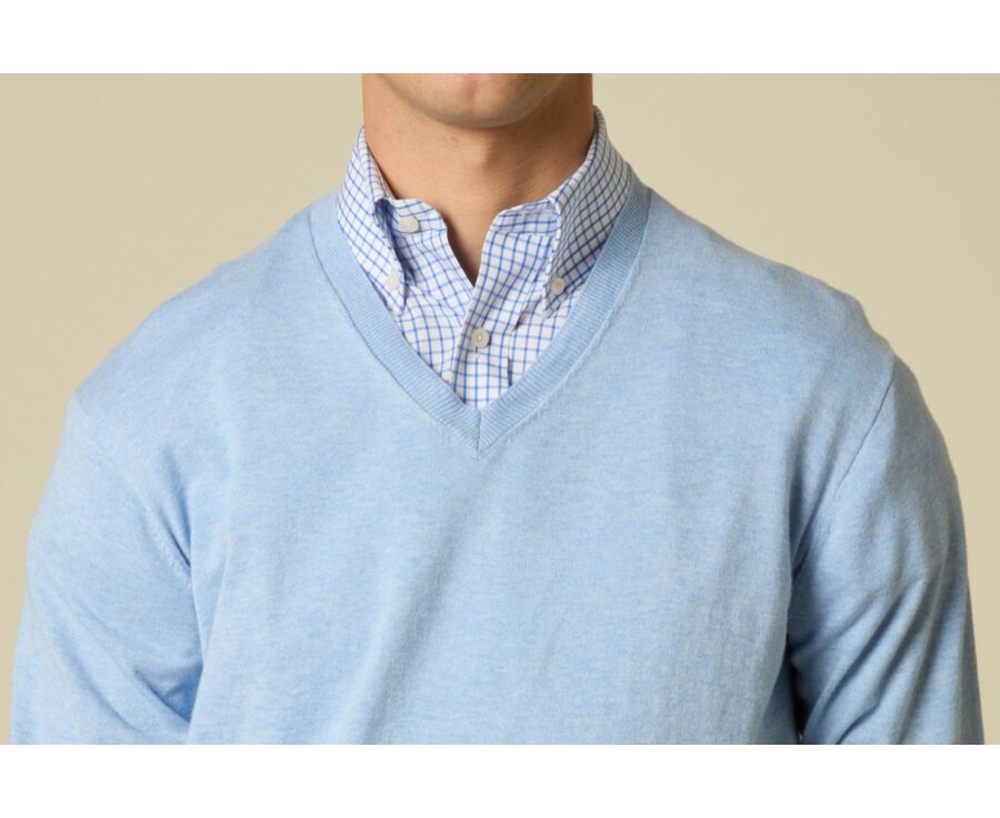 Pull fin coton bio/cachemire col V Bleu Ciel Chiné - VADIM