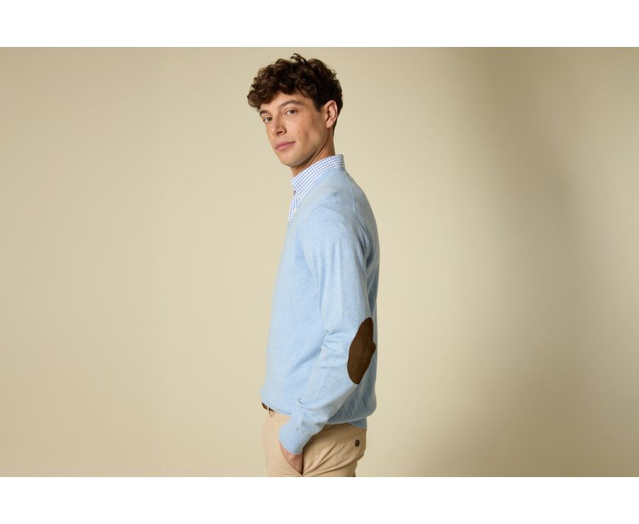 Pull fin coton bio/cachemire col V Bleu Ciel Chiné - VADIM