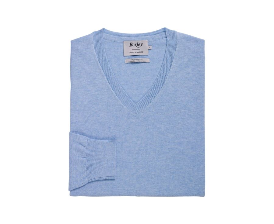 Pull fin coton bio/cachemire col V Bleu Ciel Chiné - VADIM