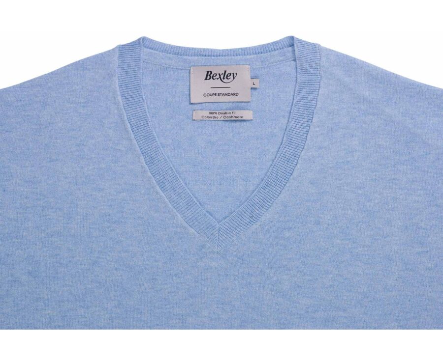 Pull fin coton bio/cachemire col V Bleu Ciel Chiné - VADIM