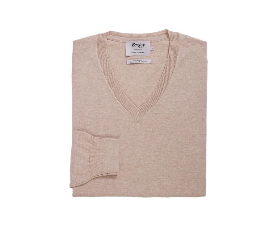 Pull coton homme fin bio/cachemire col V Beige Chiné - VADIM