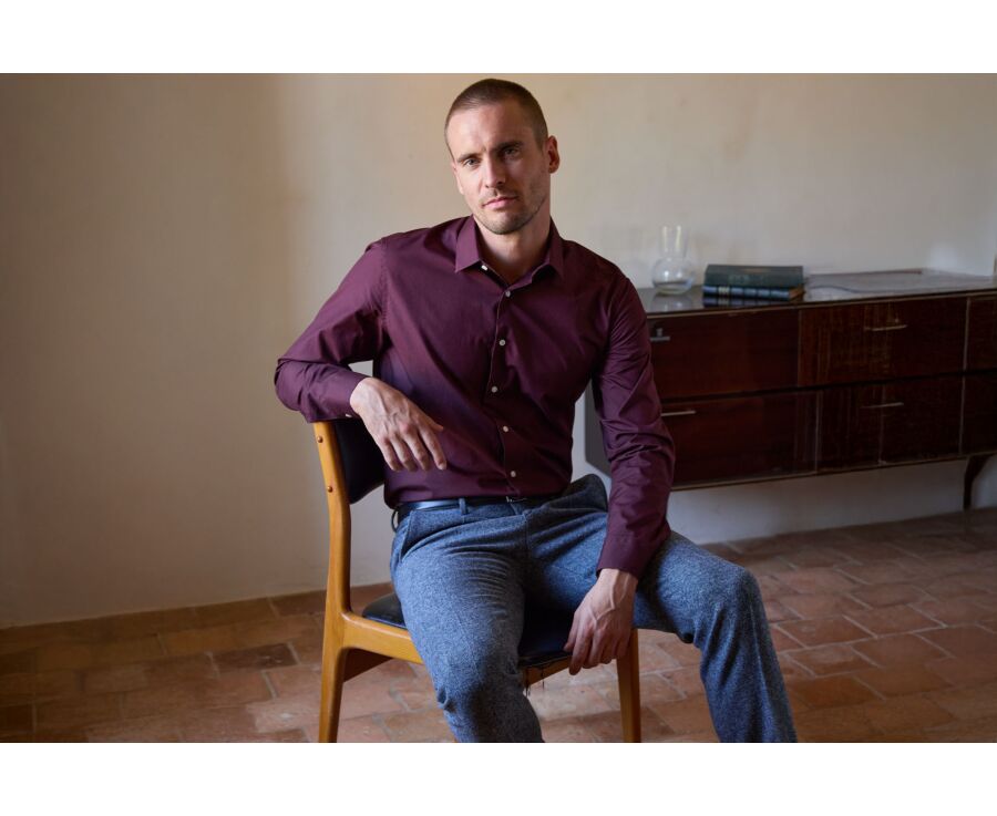Chemise homme bordeaux unie en popeline - LOUIS CLASSIC