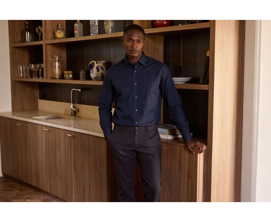 Chemise homme marine unie en popeline - ALBERT CLASSIC
