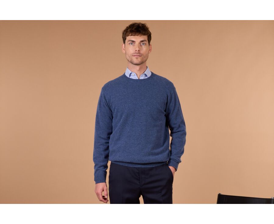 Pull homme col rond bleu foncé chiné en laine d'agneau - CONAN
