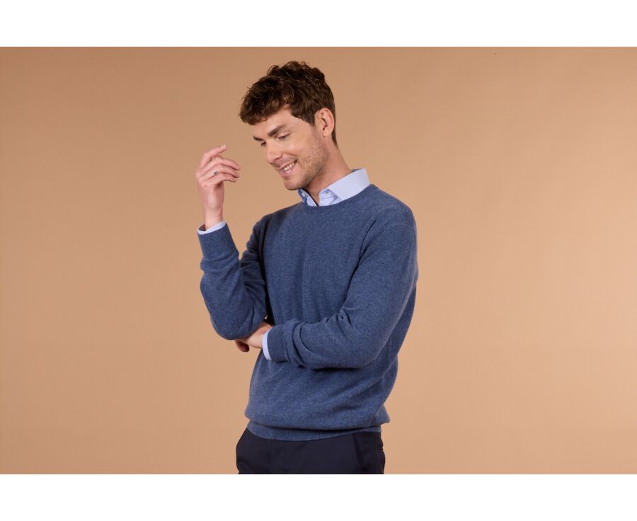 Pull homme col rond bleu foncé chiné en laine d'agneau - CONAN