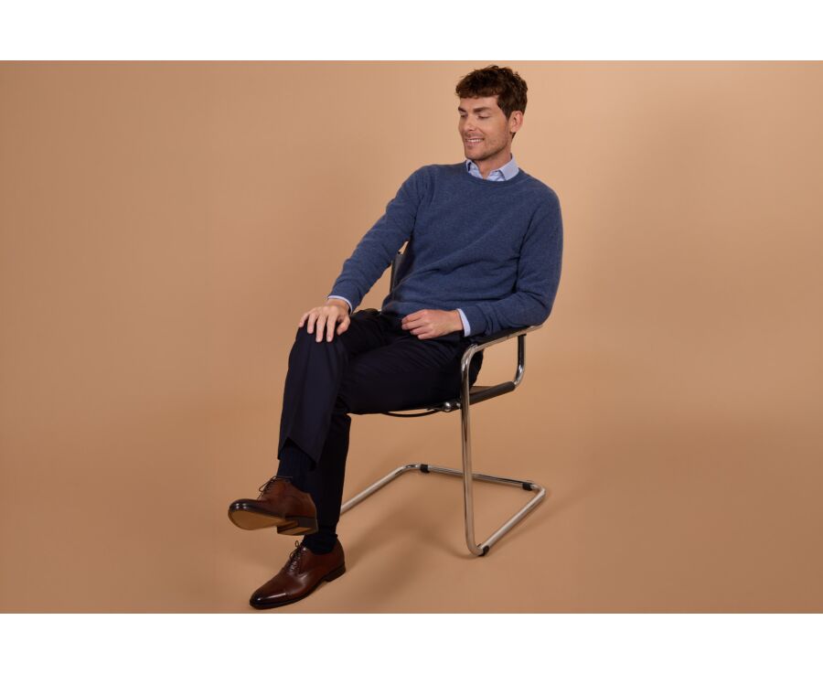 Pull homme col rond bleu foncé chiné en laine d'agneau - CONAN
