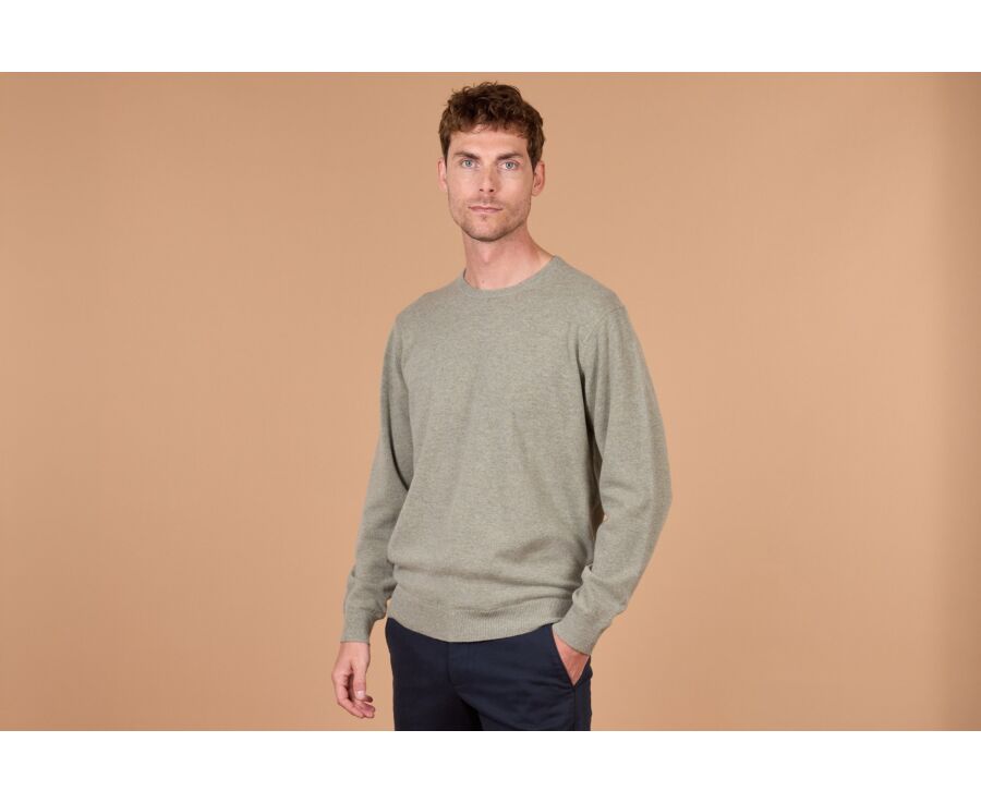Pull homme col rond kaki clair chiné en laine d'agneau - CONAN