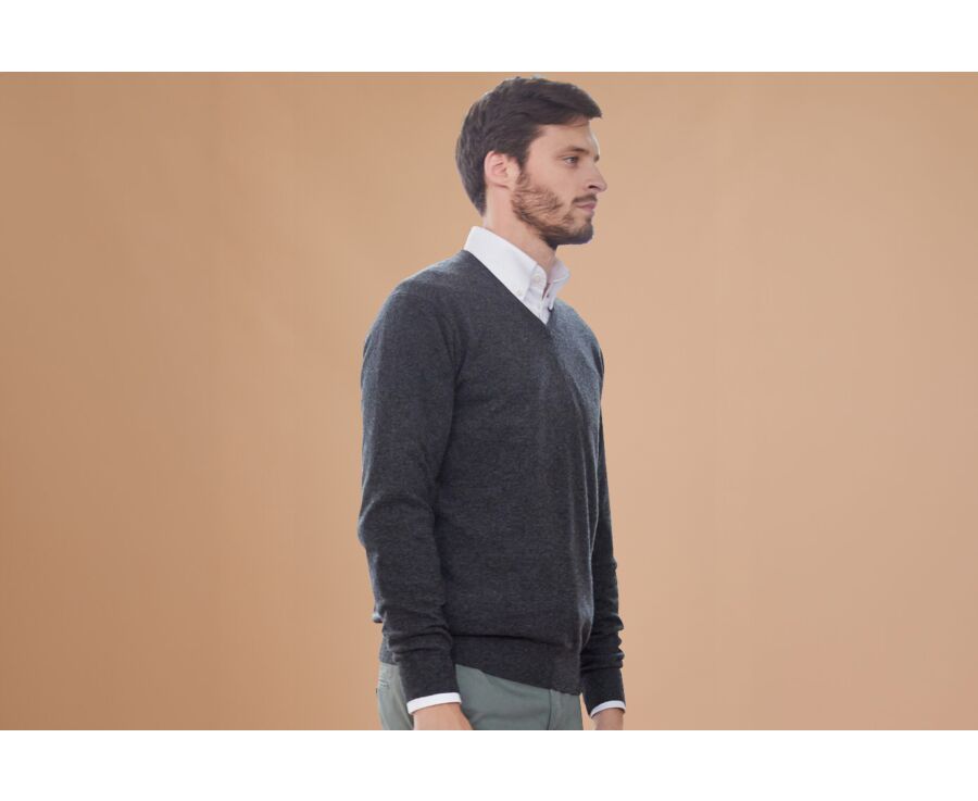 Pull homme laine col V Gris Anthracite Chiné - ELIAN