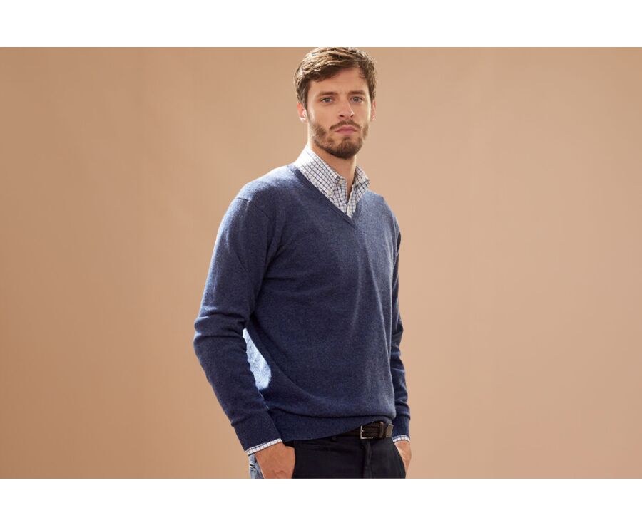 Pull col V homme laine Bleu Foncé Chiné - ELIAN