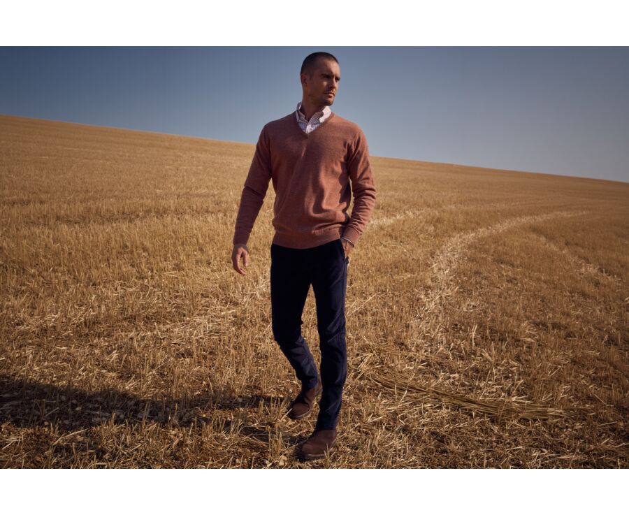 Pull homme col V rouille chiné en laine d'agneau - ELIAN