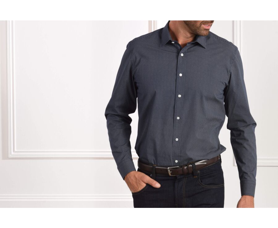 Chemise imprimée navy motifs beiges - Col français - ALPHONSE