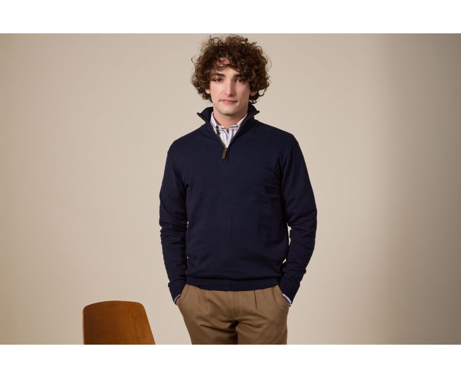 Pull col zippé homme fin coton bio/cachemire Navy - VLAD