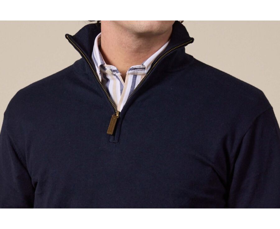 Pull col zippé homme fin coton bio/cachemire Navy - VLAD