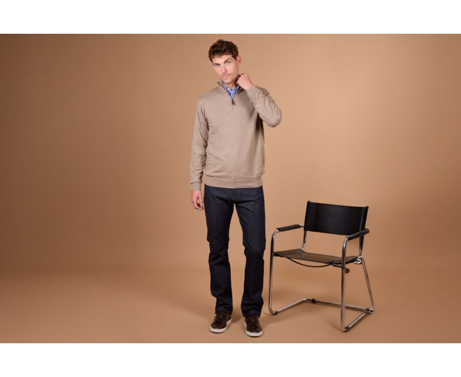 Pull col zippé homme fin coton bio/cachemire Taupe Chiné - VLAD