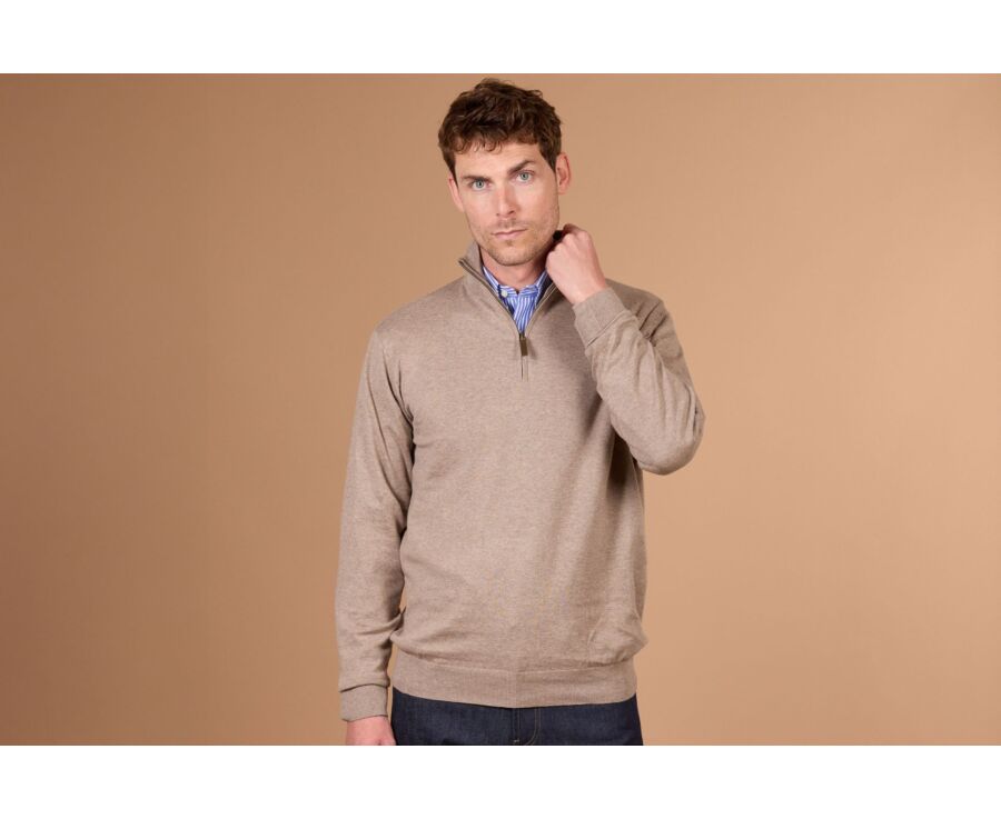 Pull col zippé homme fin coton bio/cachemire Taupe Chiné - VLAD