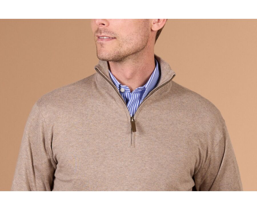 Pull col zippé homme fin coton bio/cachemire Taupe Chiné - VLAD