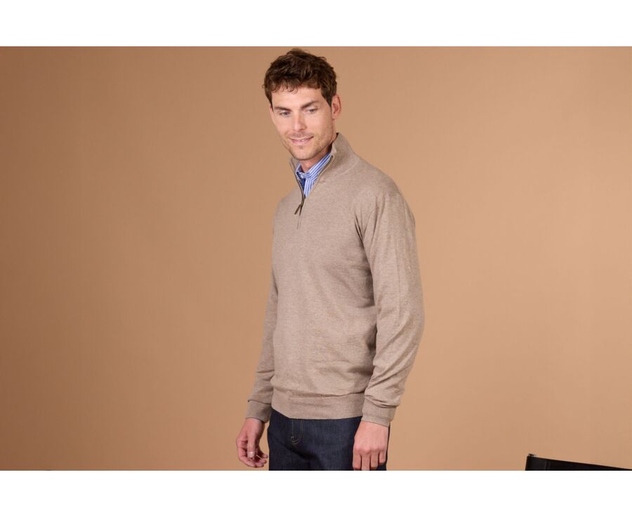Pull col zippé homme fin coton bio/cachemire Taupe Chiné - VLAD