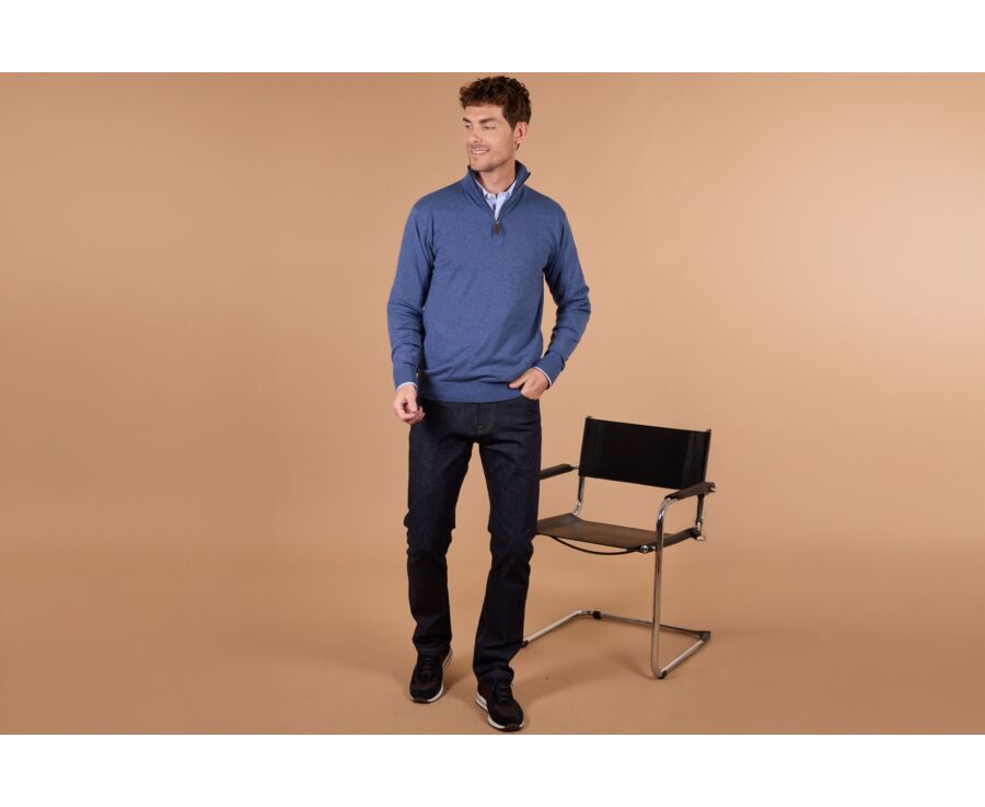 Pull col zippé homme fin coton bio/cachemire Bleu Foncé Chiné - VLAD