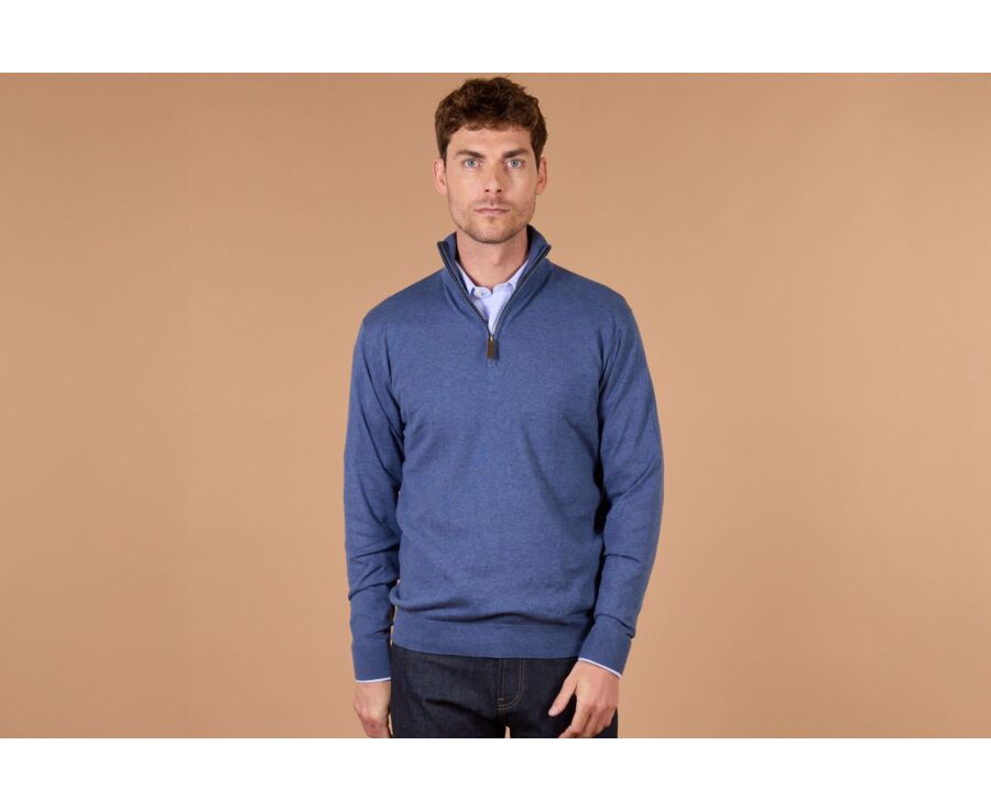 Pull col zippé homme fin coton bio/cachemire Bleu Foncé Chiné - VLAD