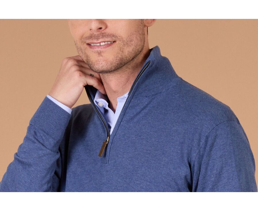 Pull col zippé homme fin coton bio/cachemire Bleu Foncé Chiné - VLAD