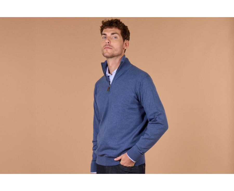 Pull col zippé homme fin coton bio/cachemire Bleu Foncé Chiné - VLAD