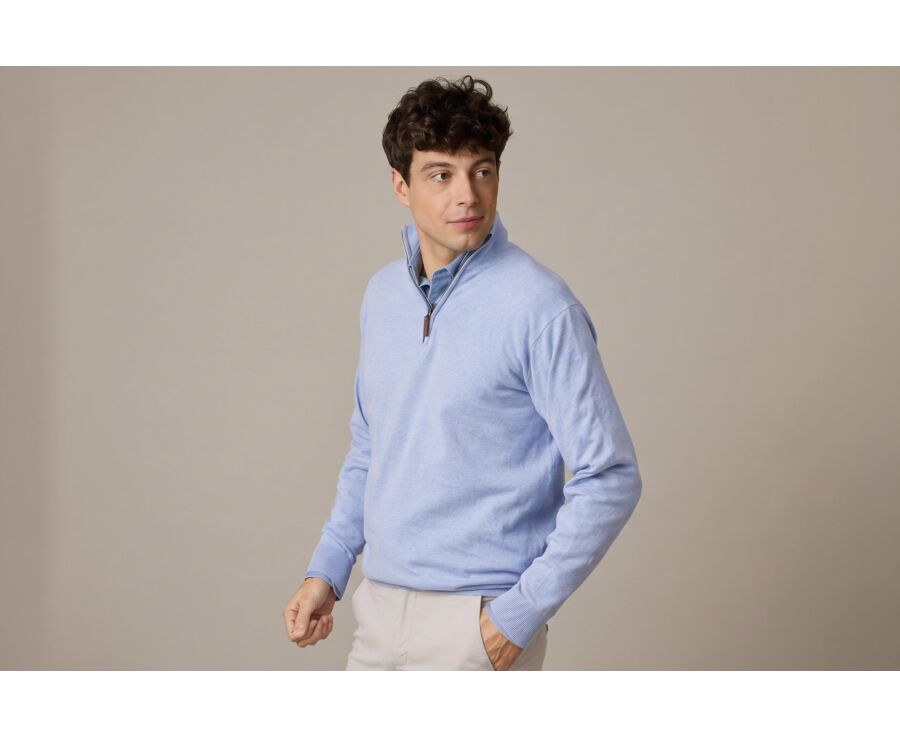 Pull fin homme coton bio/cachemire col zippé Bleu Ciel Chiné - VLAD