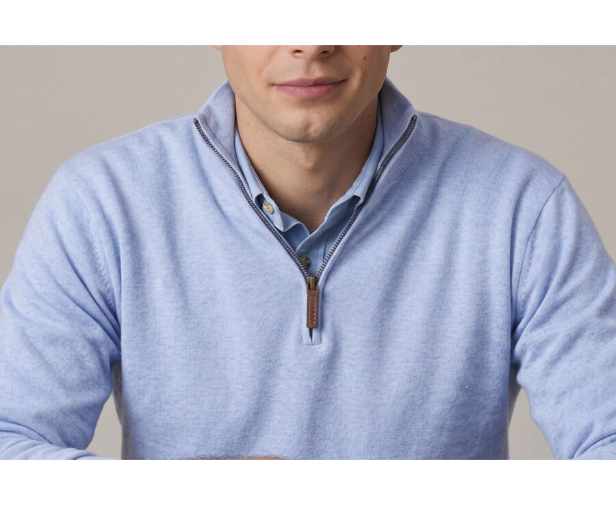 Pull fin homme coton bio/cachemire col zippé Bleu Ciel Chiné - VLAD