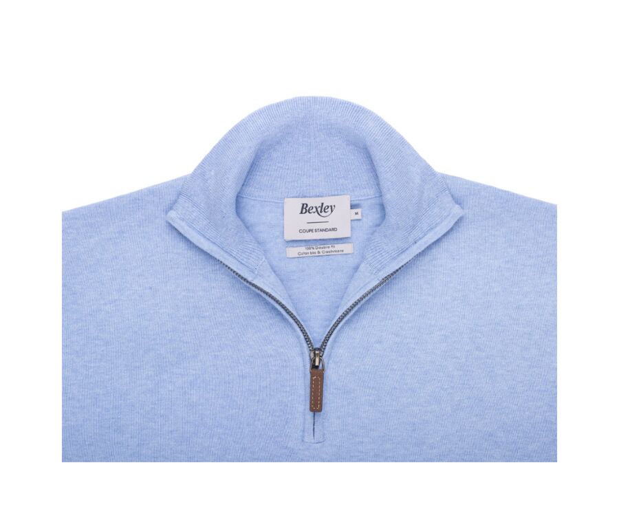 Pull fin homme coton bio/cachemire col zippé Bleu Ciel Chiné - VLAD