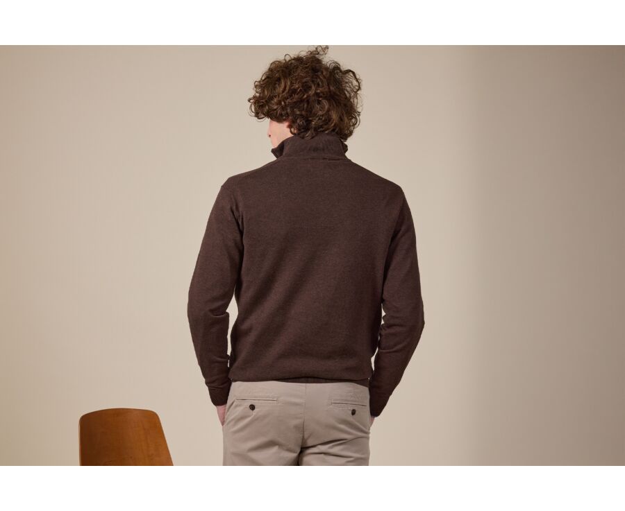 Pull fin homme coton bio/cachemire col zippé Chocolat Foncé - VLAD