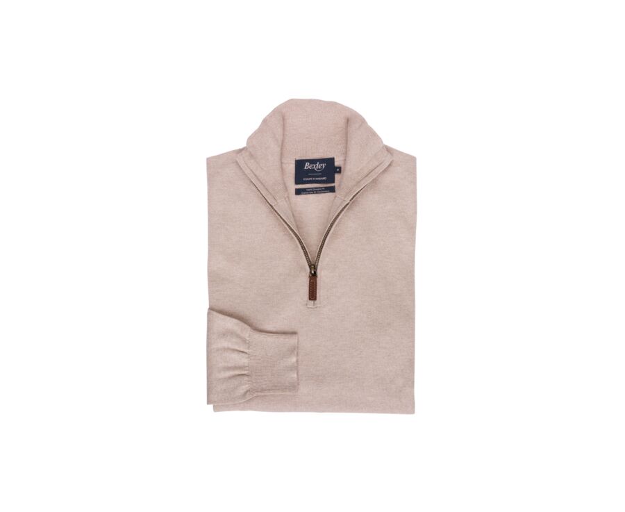 Pull col zippé homme fin coton bio/cachemire Beige Chiné - VLAD