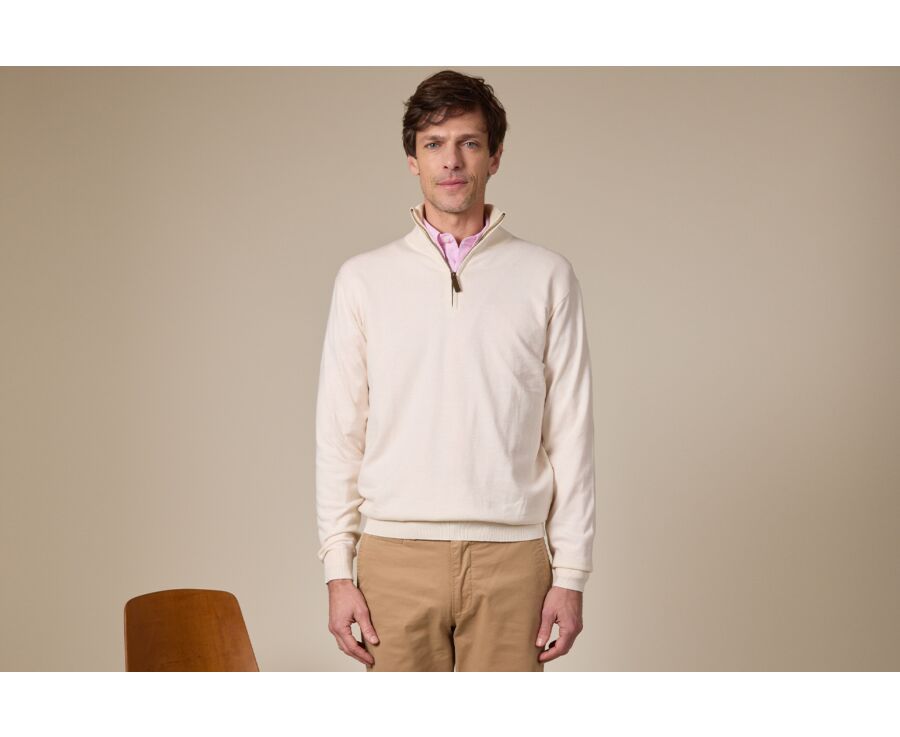Pull fin homme coton bio/cachemire col zippé Ecru Chiné - VLAD