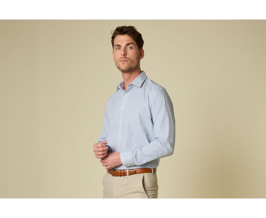 Chemise homme en popeline à rayures bleu gris et blanc - MAXIMILIEN