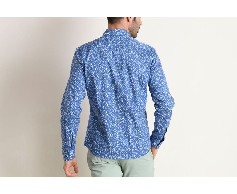 Chemise bleue imprimée fleurs blanches - Col français - MATHURIN