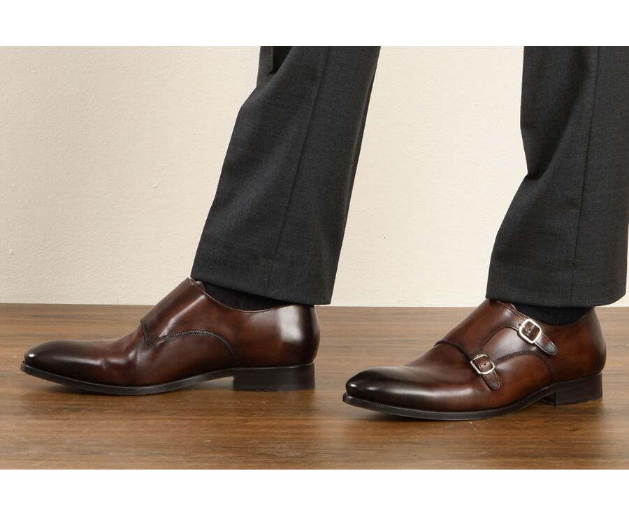 Chaussures homme double boucle Chocolat Patiné - CHIGWELL