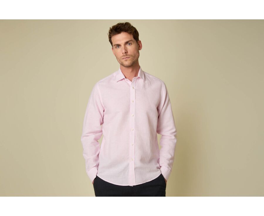 Chemise en coton et lin à rayures rose et blanc - EDIBERT