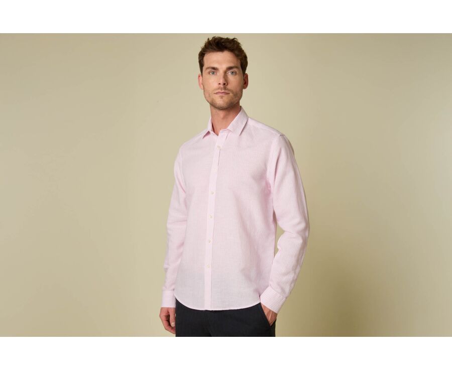 Chemise en coton et lin à rayures rose et blanc - EDIBERT