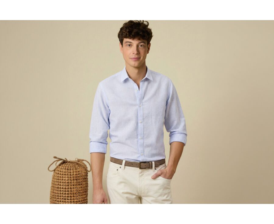 Chemise coton et lin rayures Bleu Ciel et Blanc - EDIBERT