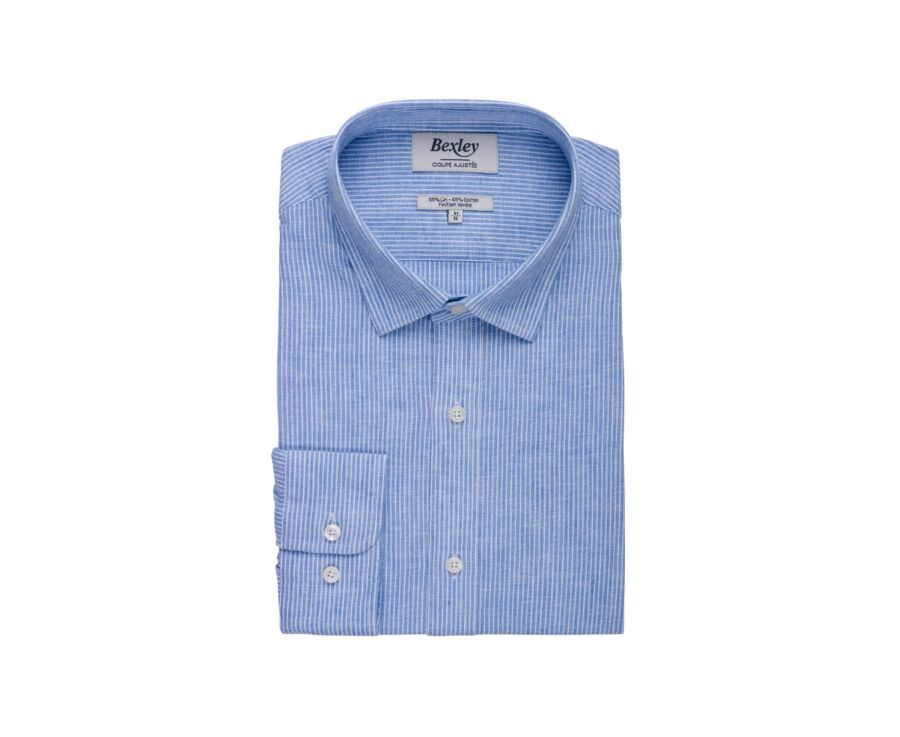 Chemise en coton et lin à rayures Bleu et liseré Blanc - EDIBERT