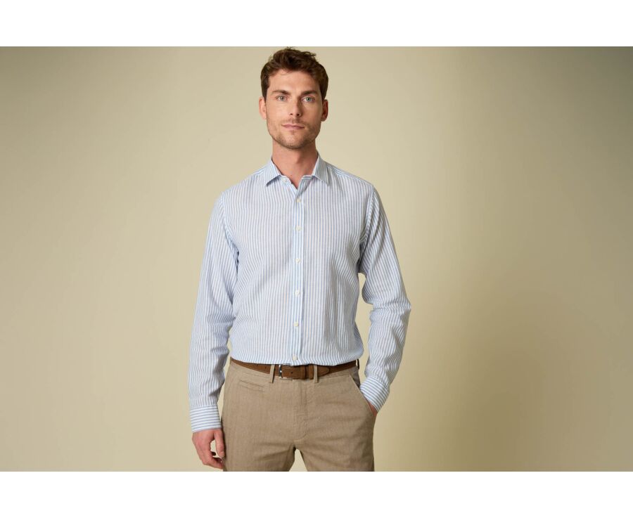Chemise en coton et lin à rayures bleu vintage et blanc - EDIBERT